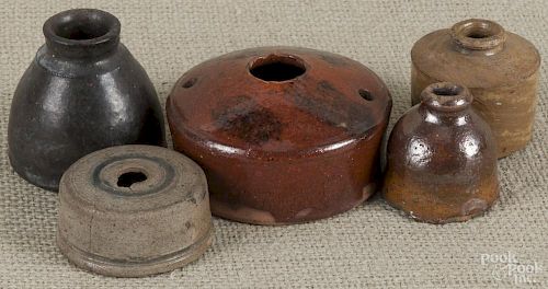 Five redware and stoneware inkwells, 19th c., largest - 2 1/4'' h., 3 3/8'' dia.