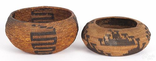 Two California Native American basketry bowls, early 20th c., 4'' h., 7'' dia. and 2 1/2'' h., 6 3/4'' d