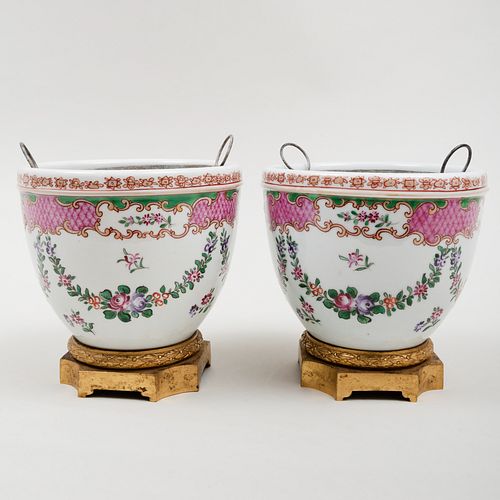 Pair of Chinese Export Style Porcelain Gilt-Metal-Mounted Jardinières