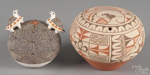 Jemez pottery seed jar, by A. Tafoya, together with an Acoma seed jar, 6'' h.