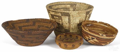 Two California Native American basketry bowls, ca. 1900, 3 1/4'' h., 7'' dia. and 1 3/4'' h., 5'' dia.