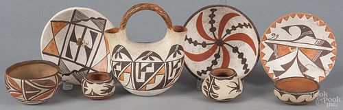 Eight pieces of Acoma and Zia pottery, early/mid 20th c., wedding vase - 6'' h.