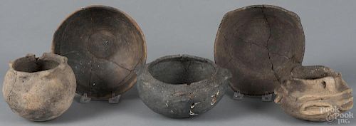 Five pieces of ancient Native American pottery, largest - 3 1/4'' h., 7 1/2'' w.