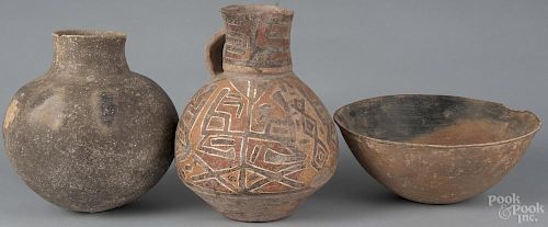 Ancient Native American pottery pitcher, 11'' h., together with a jar, 9 3/4'' h., and a bowl, 11'' h.