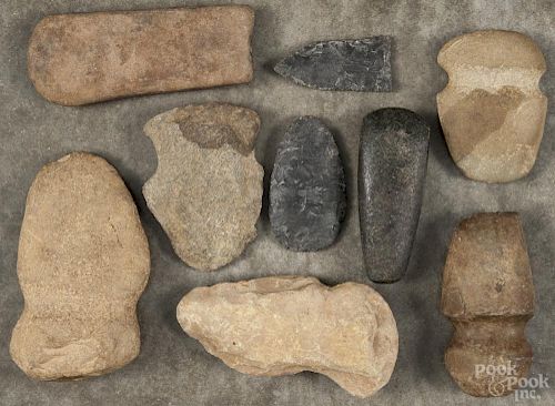 Native American stone implements, to include axe heads, points, etc., longest - 6 3/4''.