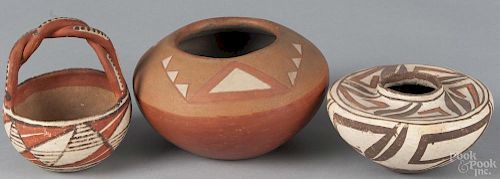 Native American pottery basket, 5 1/2'' h., together with two small ollas.