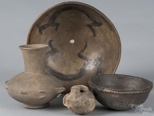 Four Native American pottery vessels, bowl - 4'' h., 11 3/4'' dia.