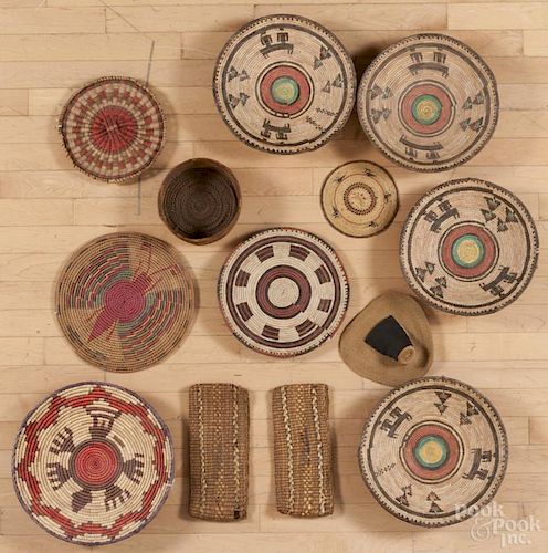 Eight Southwest and Mexican basketry trays, together with five other basketry items.
