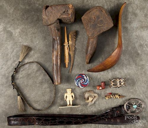 Native American accessories, to include a Navajo belt, a club, a horn scoop, etc.