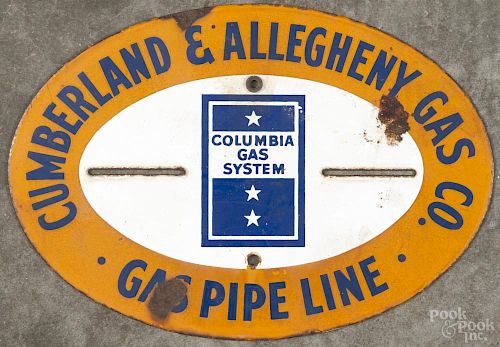 Enameled steel sign for the Cumberland & Allegheny Gas Co. Pipe Line, 8'' x 11 1/2''.