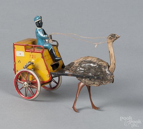 Lehman Zulu Ostrich cart tin wind-up toy, 6 1/2'' l.