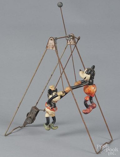 Japanese Mickey & Minnie Mouse acrobats wind-up toy, 15 1/2'' h.