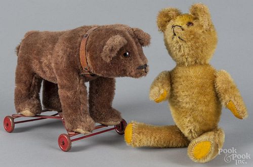 Steiff bear pull toy, 11'' l., together with a mohair teddy bear, 12 1/2'' l.