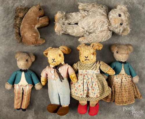 Early stuffed animals, to include a mohair teddy bear, Peter Rabbit and friends, etc.