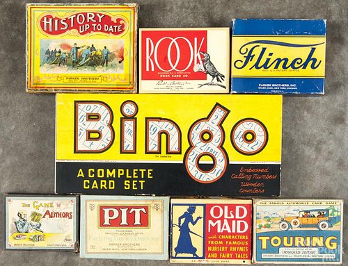 Boxed games, to include Bingo, Old Maid, History Up to Date, Rook, The Game of Authors, Pit, Touring