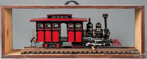 Painted wood model of an inspection locomotive box, 12 1/4'' h., 33 3/4'' w.