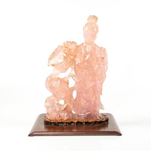 Rose Quartz Sculpture Guanyin & Lotus, Wood Base