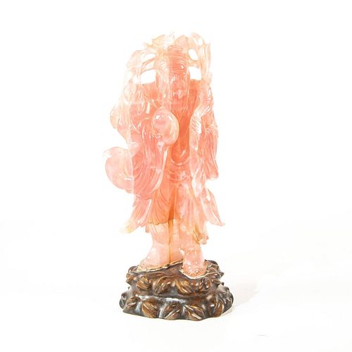 Pink Jadeite Jade Sculpture Shoulao & Peach, Wood Base
