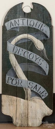 Contemporary painted trade sign for Antique Decoys, 47 1/2'' h., 19 1/2'' w.