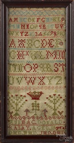 Two wool on linen band samplers, 19th c., wrought by Mary Fountaine and Ann MacDonald