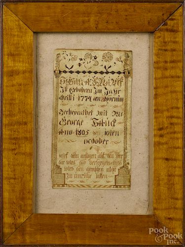 Southeastern Pennsylvania ink and watercolor fraktur bookplate, dated 1805, 6 1/2'' x 3 1/2''.