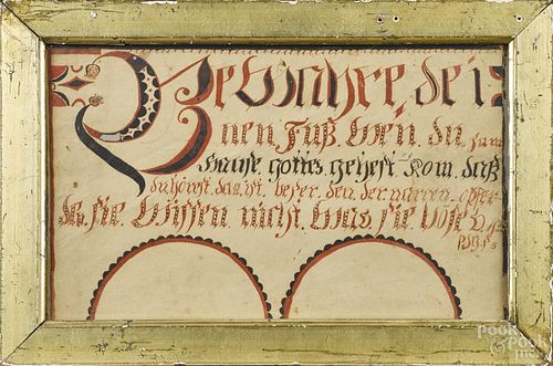 Ink and watercolor fraktur religious verse, early 19th c., 7 1/2'' x 12 1/2''.