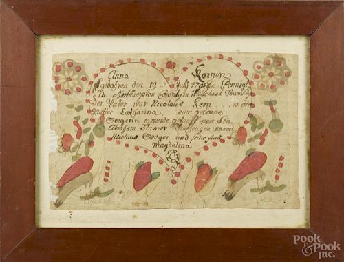 Northampton County, Pennsylvania ink and watercolor fraktur birth certificate for Anna Kern, b. 1795