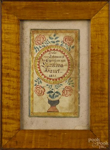 Southeastern Pennsylvania ink and watercolor fraktur bookplate, dated 1825, for Christina Houck