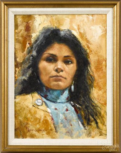 Oil on canvas portrait of a Native American woman, signed Lundquist, 12'' x 9''.
