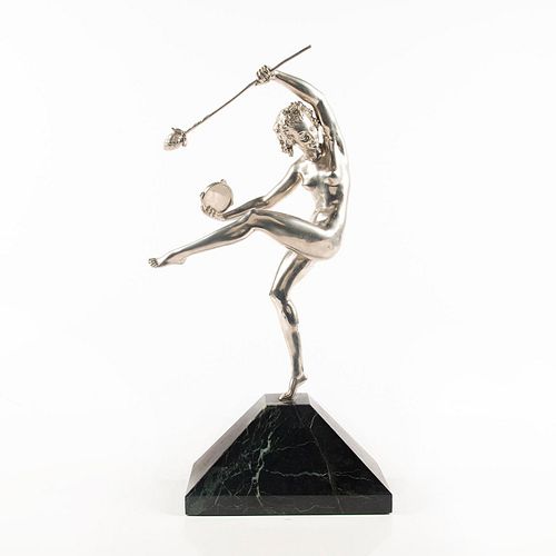 Art Deco Silvered Sculpture, Dancer & Tambourine By Andre Gilbert
