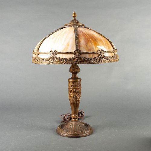 Art Nouveau Style 6 Panel Slag Glass Lamp