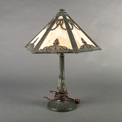 Art Nouveau Style 6 Panel Slag Glass Lamp