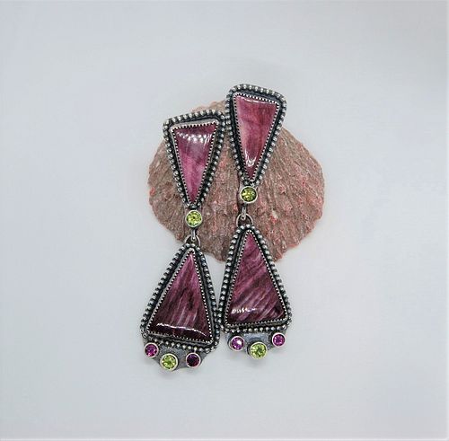 Phyllis Floyd, Purple Spiny Oyster Earrings with peridot and rhodolite garnet accents
