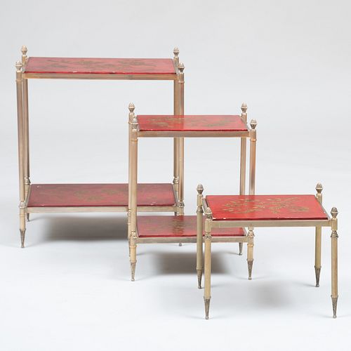 Group of Three Modern Brass-Mounted Red Lacquer Side Tables