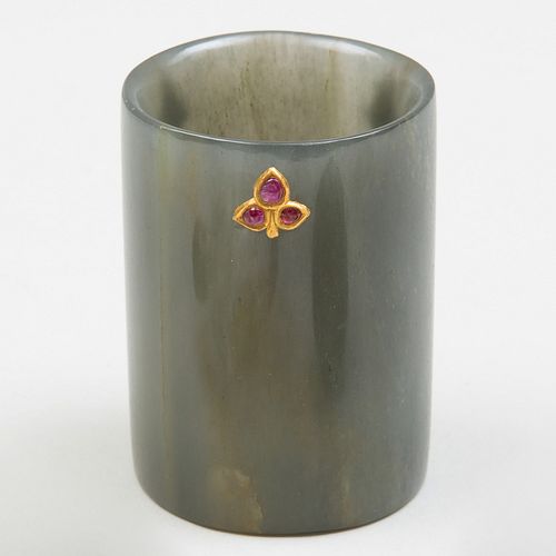 Small Indian Gold and Ruby Inset Jade Cup