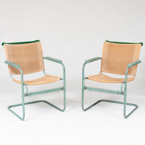 Pair of Modern Green Painted Metal and Wood Armchairs