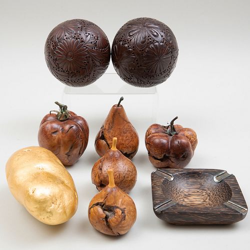 Group of Five Burl Wood Models of Fruit and Vegetables