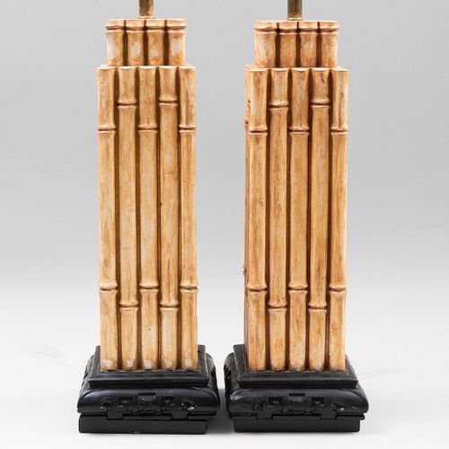 Pair of Modern Faux Bamboo Pottery Lamps, stamped Jo Wallis