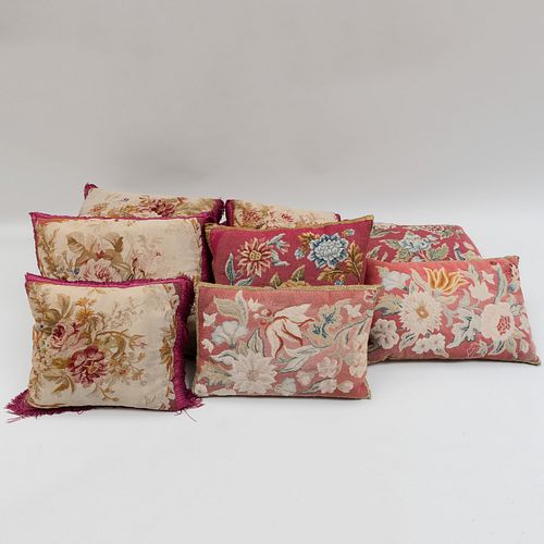 Group of Ten Aubusson and Needlework Floral Pillows