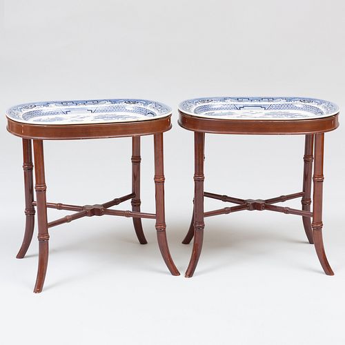 Pair of Blue and White Transfer Printed Platters in the 'Blue Willow' Pattern on Later Faux Bamboo Stands