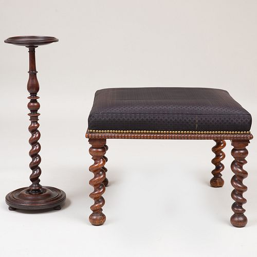 Mid-Victorian Walnut Stool and Charles II Style Walnut Candle Stand