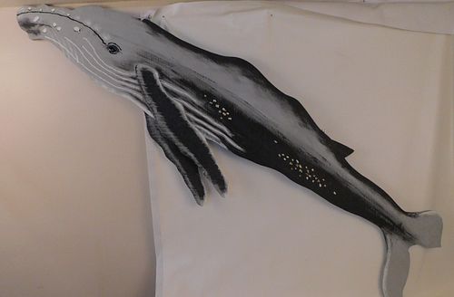LARGE PAINTED WOOD WHALE PLAQUE