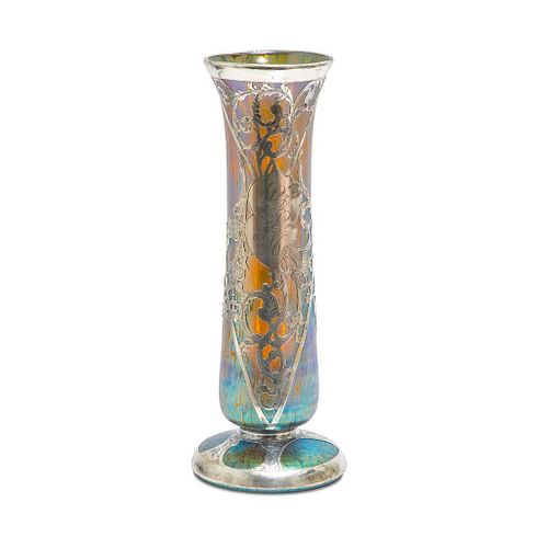 art nouveau Loetz art glass vase silver overlay