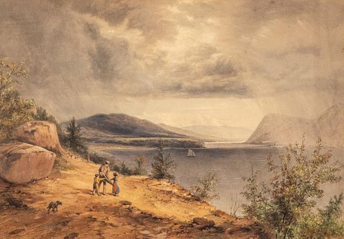 John William Hill signed Watercolor of hudson river narrows by storm king