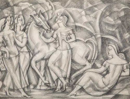 Rene Buthaud circa 1920's signed drawing depicting a goddess and horse with her attendants