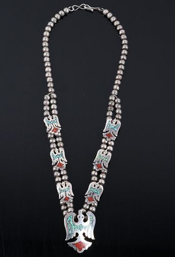 Navajo Chip Inlay Turquoise & Coral Necklace