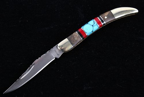 Navajo Turquoise & Coral Inlaid Maxam Knife