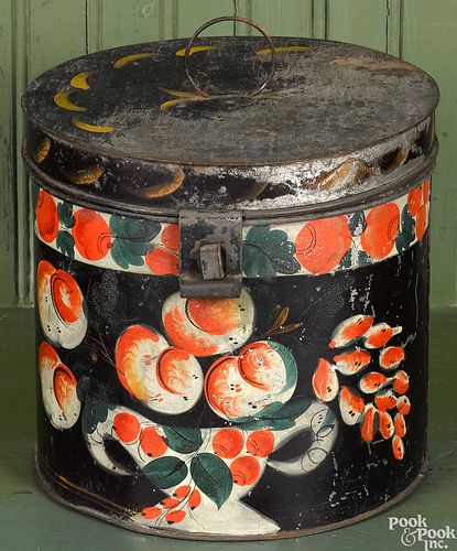 Large vibrant black toleware canister, 19th c.