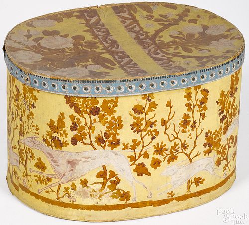 Wallpaper hound and hare hat box, 19th c.