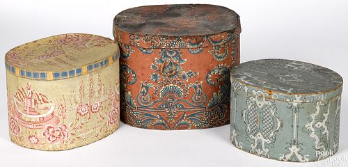 Three wallpaper hat boxes, 19th c.